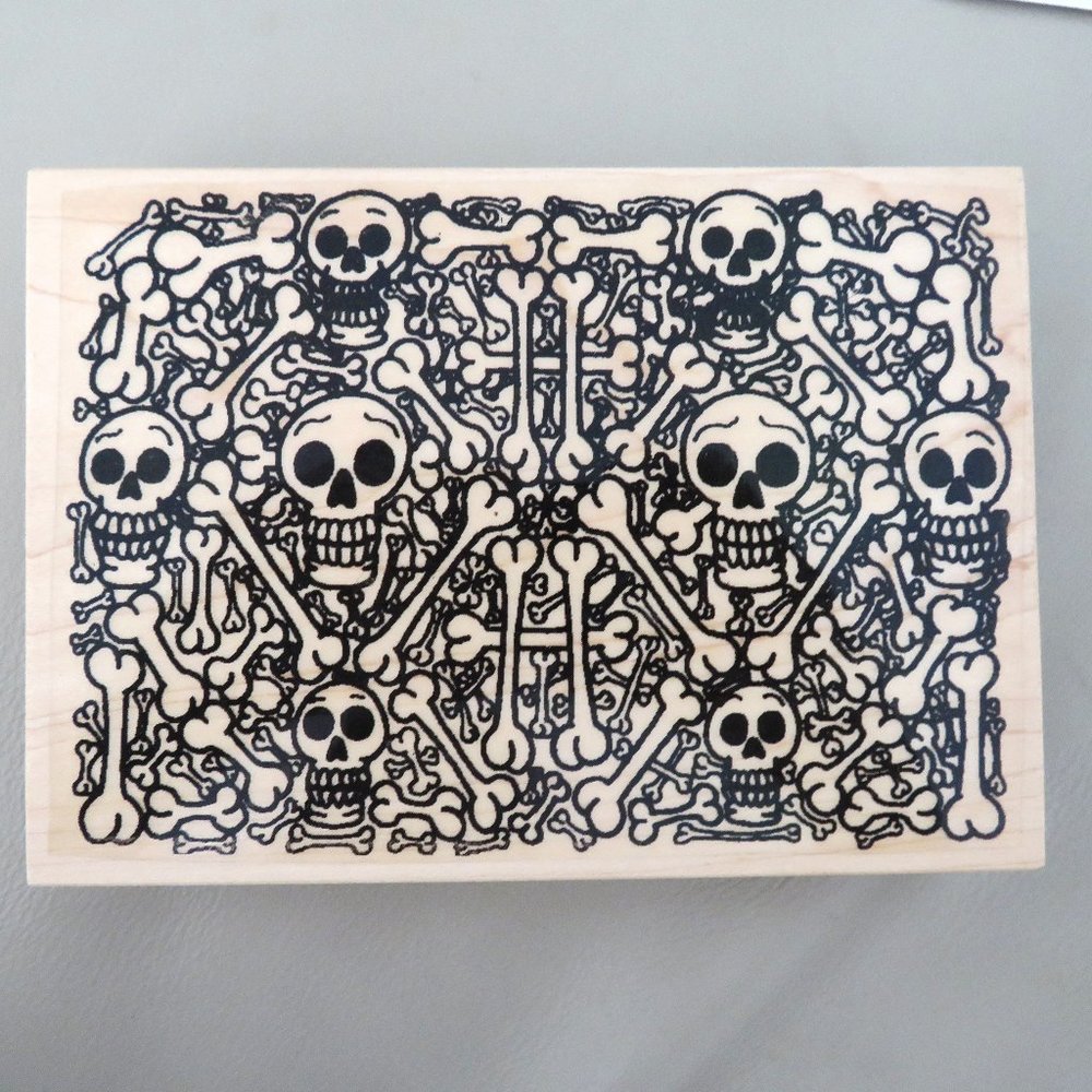 Skeleton Background Halloween Red Rubber  Wood Mounted Stamp Rare Retired